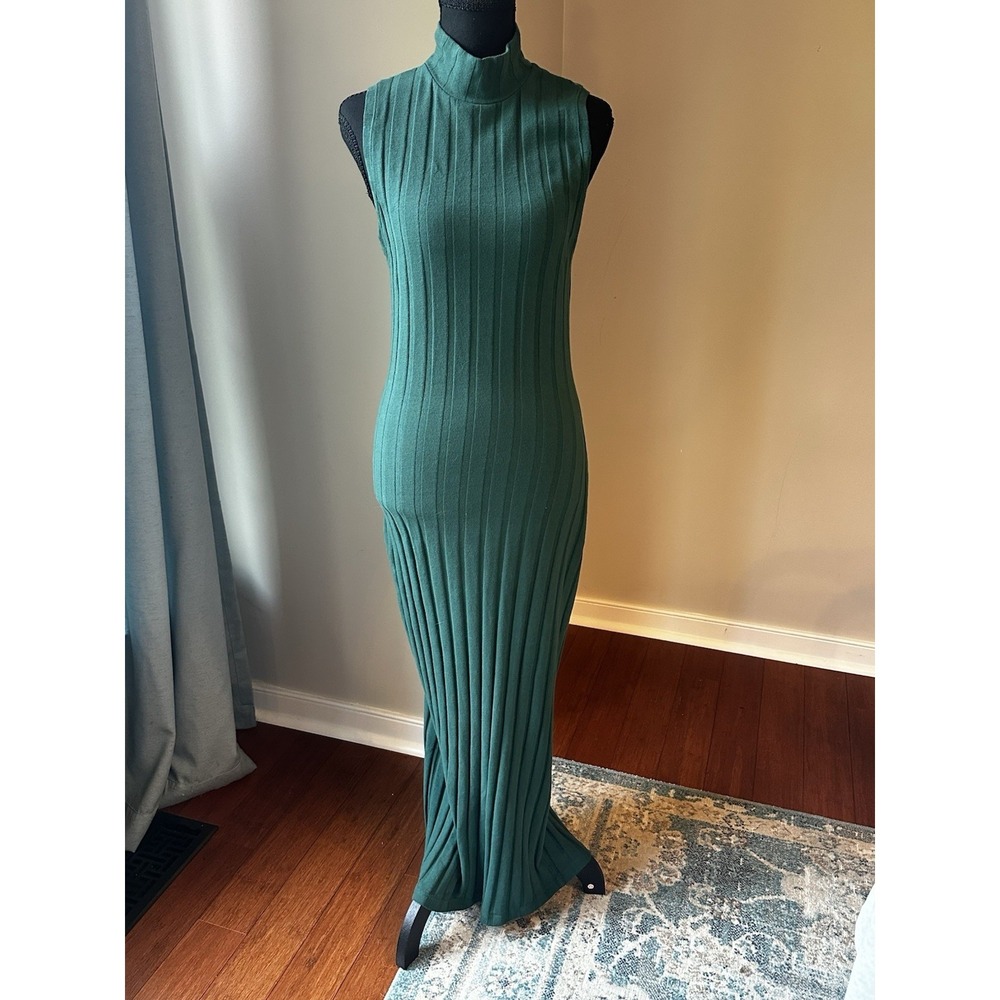 Stateside Maxi Dress Womens L Green Ribbed Mock Neck Sleeveless Bodycon Slit